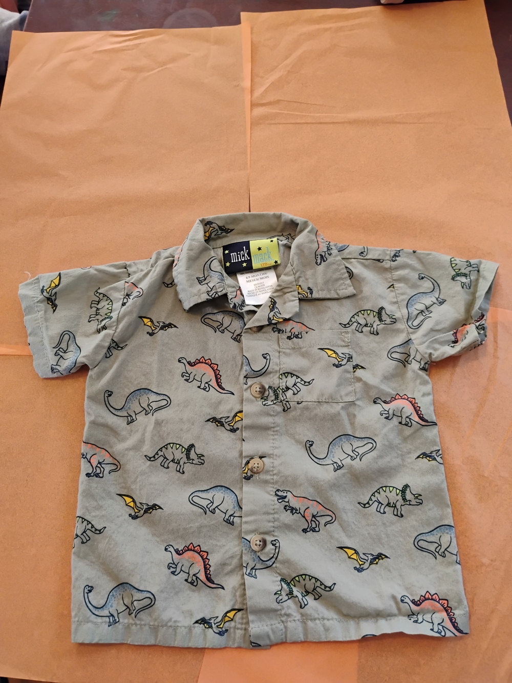 Two Mick Mack Short Sleeve Baby Shirts, Green Dinosaur Print And Blue Fish